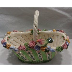 VTG Capodimonte Porcelain Bird Basket Flowers w/ Handle Spring / Easter 5 1/2"